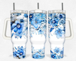 3D Blue Floral Personalized 40oz Tumbler With Handle and Straw