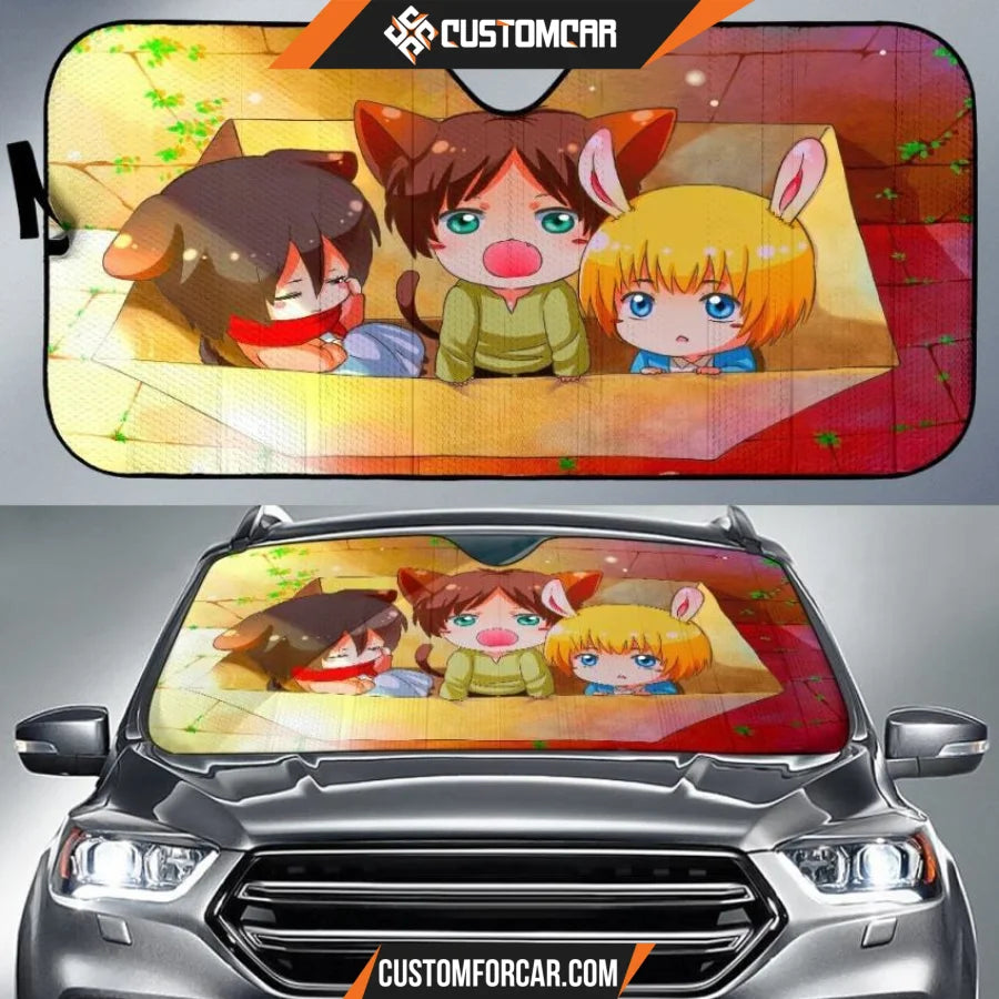 Attack On Titan Car Sun Shade | Chibi Cat Eren Rabit Armin Dog Mikasa Sun Shade D022403 DECORINCAR 1