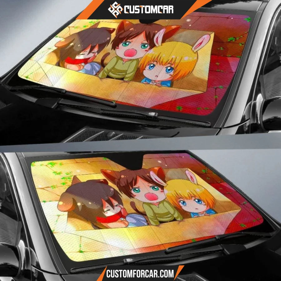 Attack On Titan Car Sun Shade | Chibi Cat Eren Rabit Armin Dog Mikasa Sun Shade D022403 DECORINCAR 2