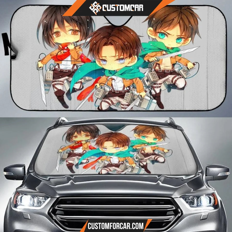 Attack On Titan Car Sun Shade | Chibi Eren Levi Mikasa Grey Sun Shade D022404 DECORINCAR 1