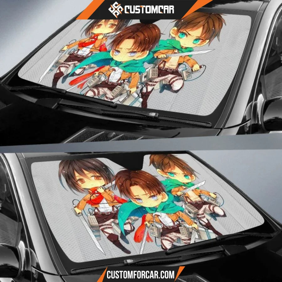 Attack On Titan Car Sun Shade | Chibi Eren Levi Mikasa Grey Sun Shade D022404 DECORINCAR 2