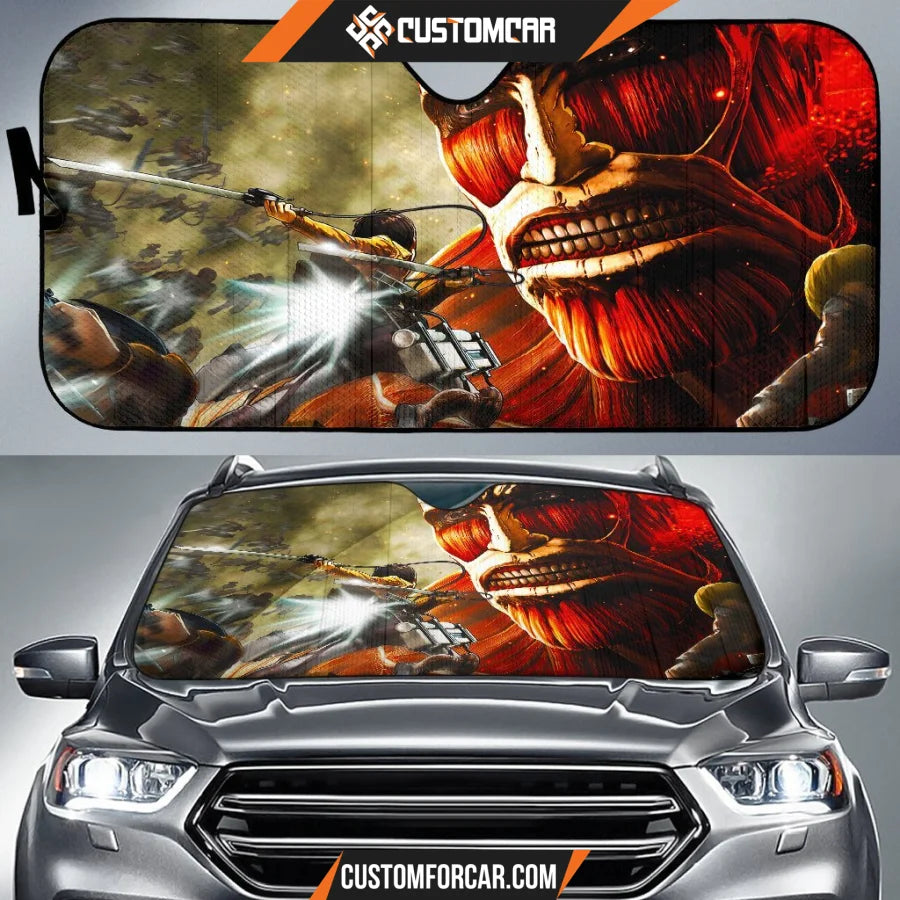 Attack On Titan Car Sun Shade | Eren Mikasa Armin Vs Colossal Titan Sun Shade D021705 DECORINCAR 1