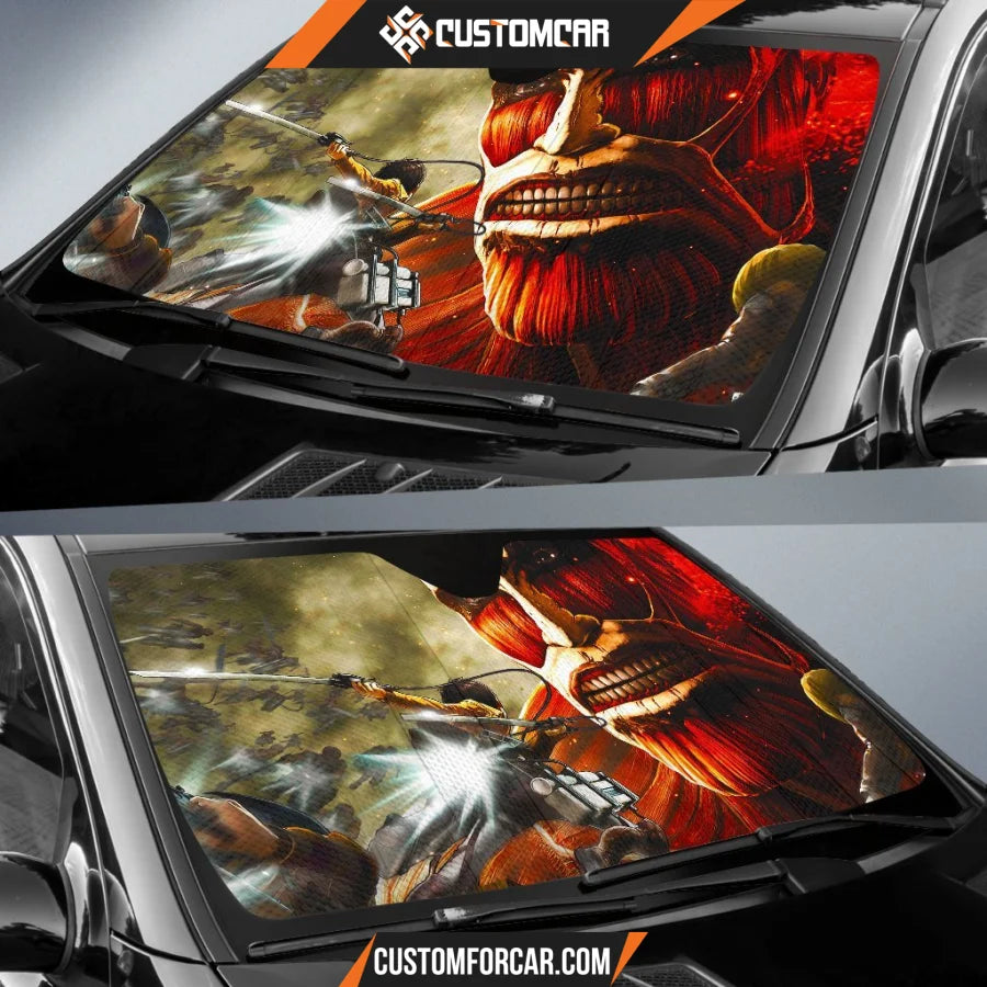 Attack On Titan Car Sun Shade | Eren Mikasa Armin Vs Colossal Titan Sun Shade D021705 DECORINCAR 2