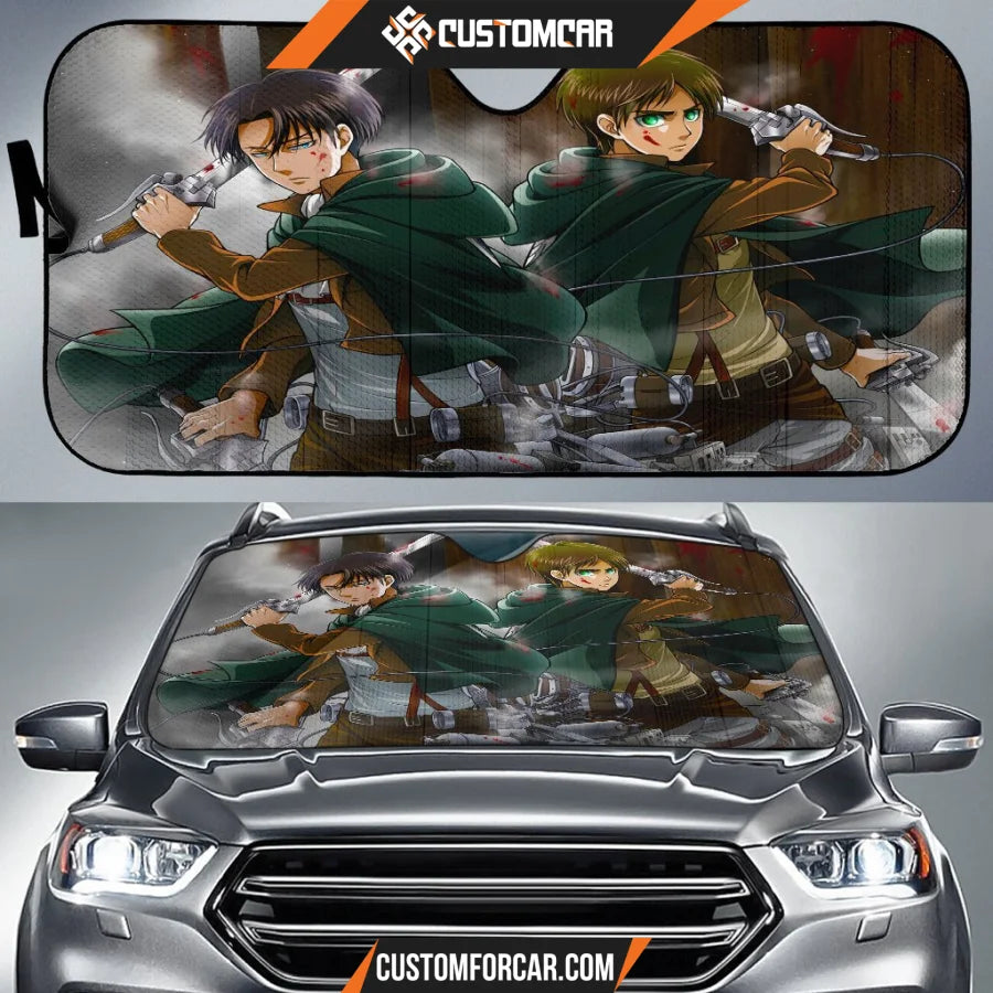 Attack On Titan Car Sun Shade | Eren Yeager Levi Ackerman Battle Sun Shade D021706 DECORINCAR 1
