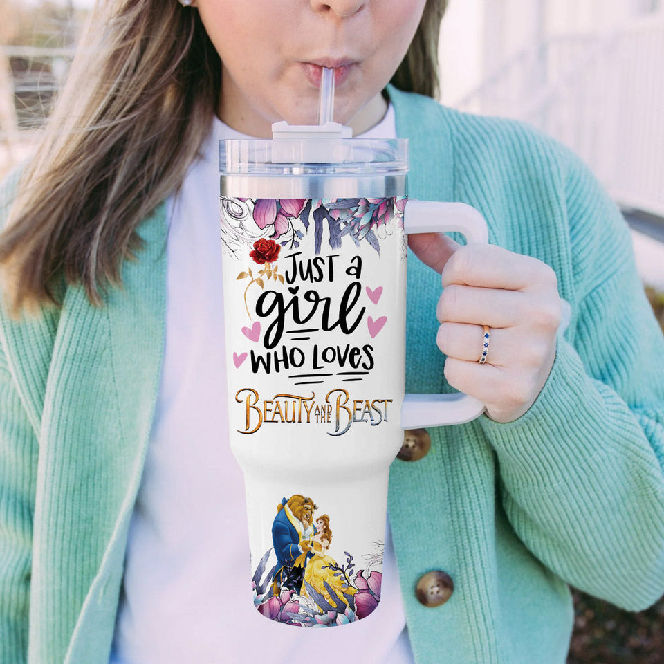 Beauty and the Beast Disney Princess Cartoon Personalized 40oz Tumbler With Handle and Straw