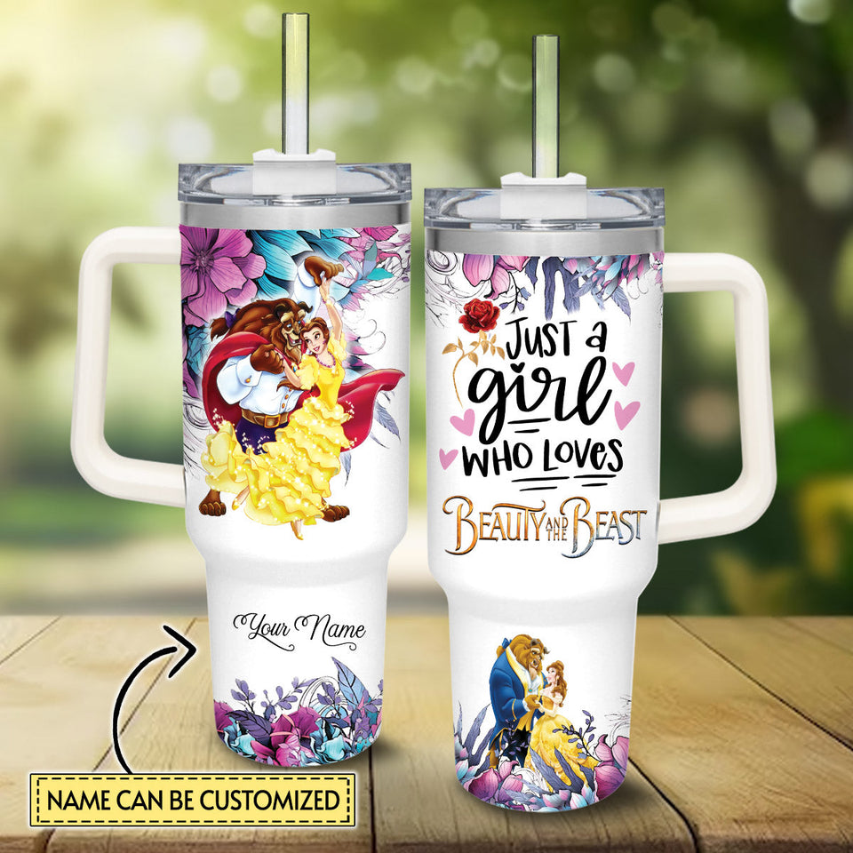 Beauty and the Beast Disney Princess Cartoon Personalized 40oz Tumbler With Handle and Straw