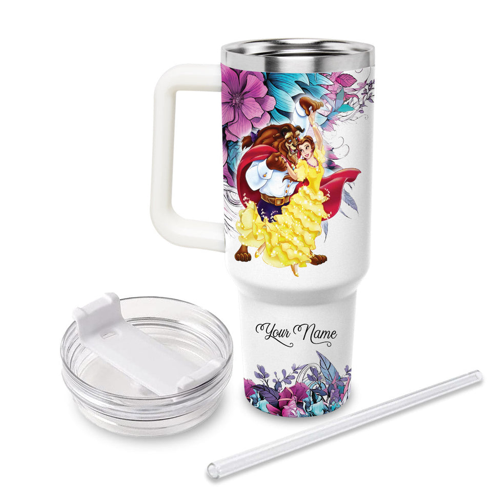 Beauty and the Beast Disney Princess Cartoon Personalized 40oz Tumbler With Handle and Straw