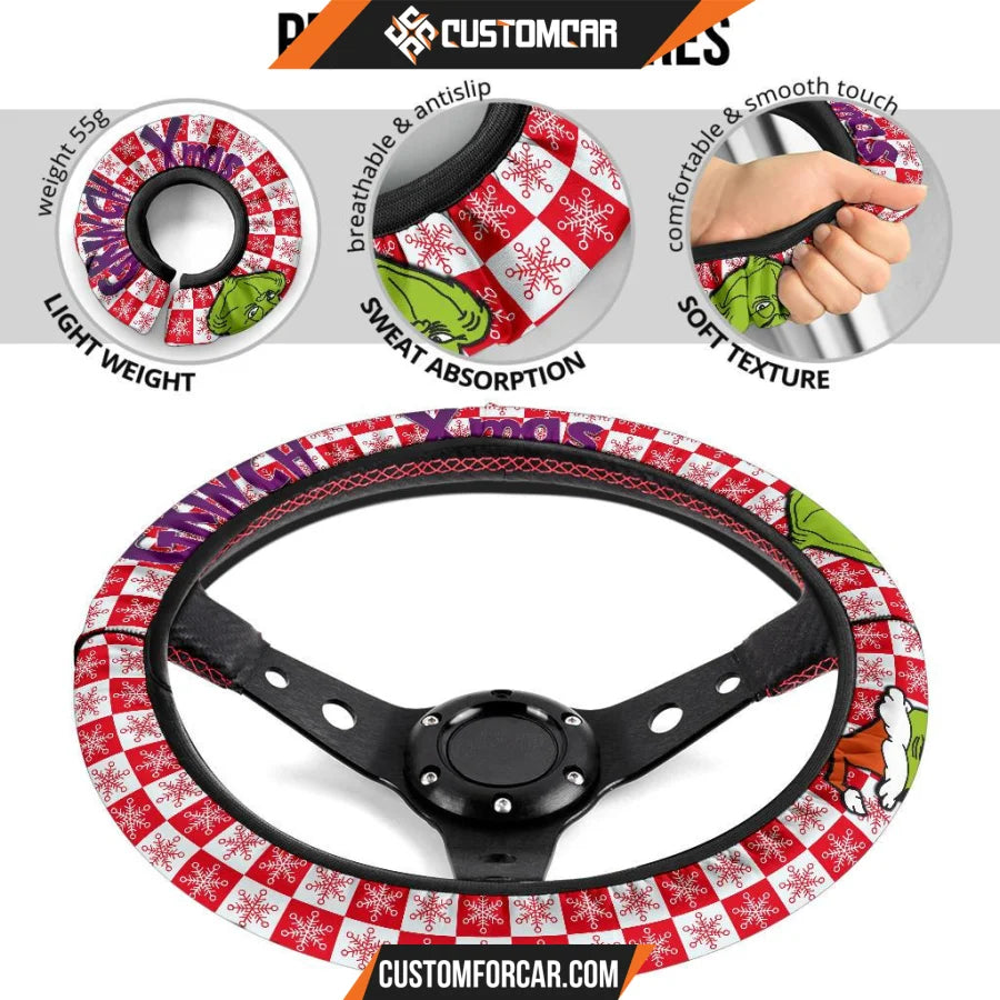 Christmas Steering Wheel Cover Smiling Evil Grinch Xmas Red