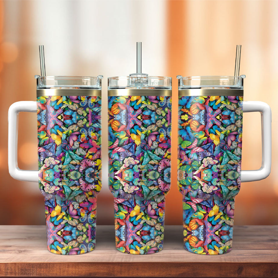 Colorful Butterfly Personalized 40oz Tumbler With Handle and Straw