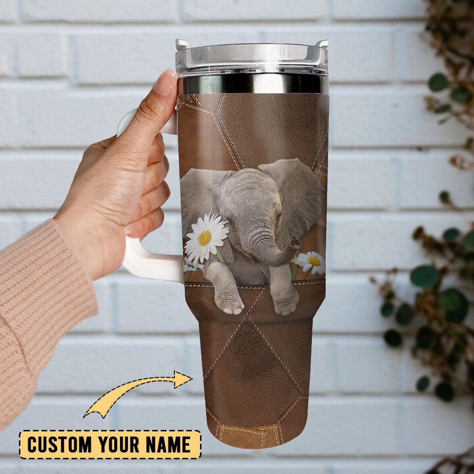 Cute Elephant Art Personalized 40oz Tumbler With Handle and Straw