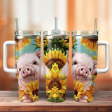 Cute Piglet Sunflower Artwork Personalized 40oz Tumbler With Handle and Straw