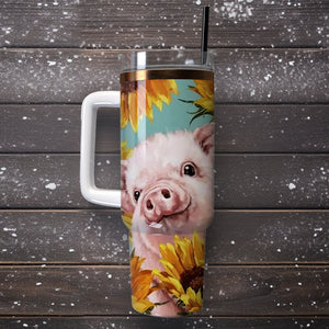 Cute Piglet Sunflower Artwork Personalized 40oz Tumbler With Handle and Straw