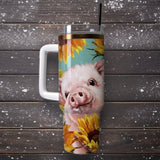 Cute Piglet Sunflower Artwork Personalized 40oz Tumbler With Handle and Straw