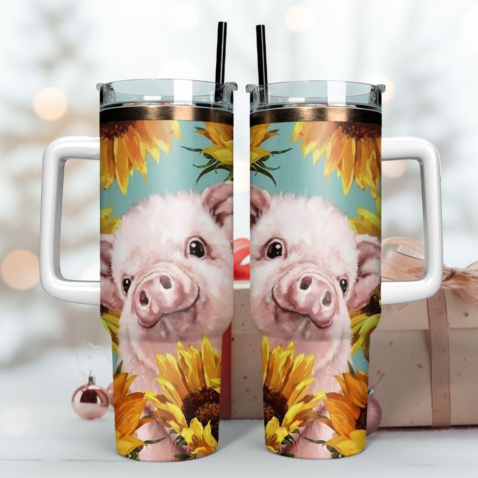 Cute Piglet Sunflower Artwork Personalized 40oz Tumbler With Handle and Straw