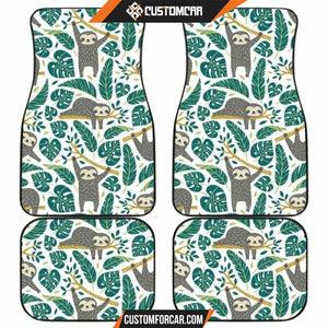 Cute Sloths Tropical Palm Leaves White Background Front And 