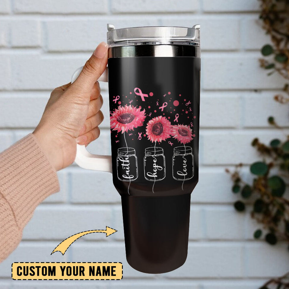 Faith Hope Love Pink Sunflower Artwork Personalized 40oz Tumbler With Handle and Straw