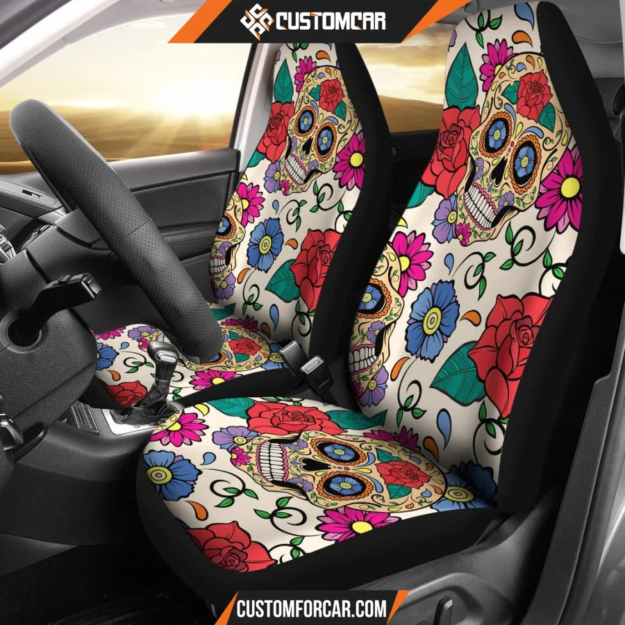 Flower Sugar Skull Car Seat Covers DECORINCAR