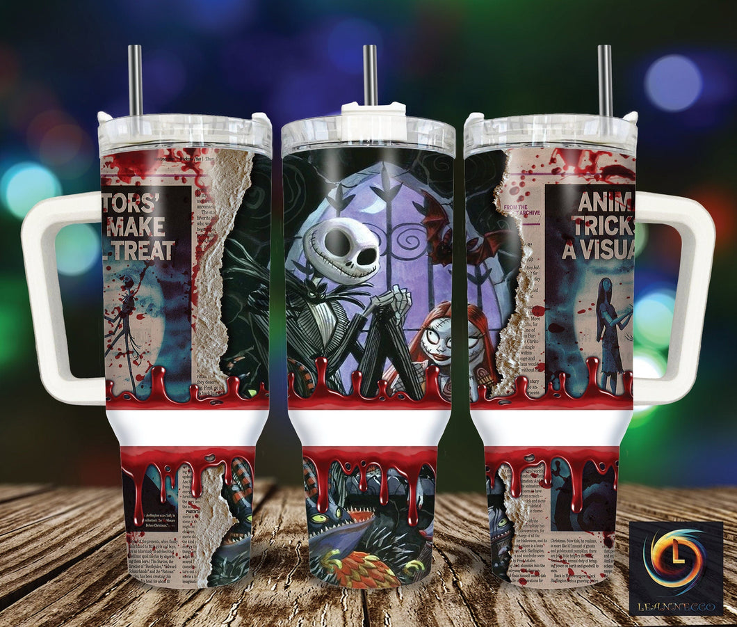 Halloween Jack And Sally The Nightmare Before Christmas Cartoon Personalized 40oz Tumbler With Handle and Straw