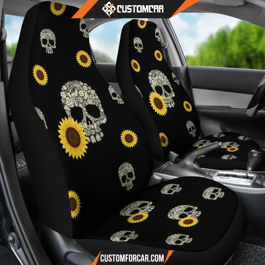 Horror Movie Car Seat Covers Floral Skull With Sunflower