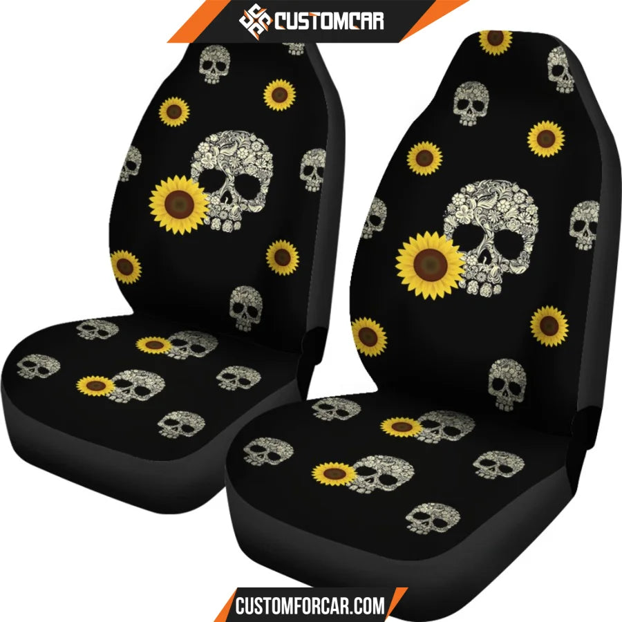 Horror Movie Car Seat Covers Floral Skull With Sunflower