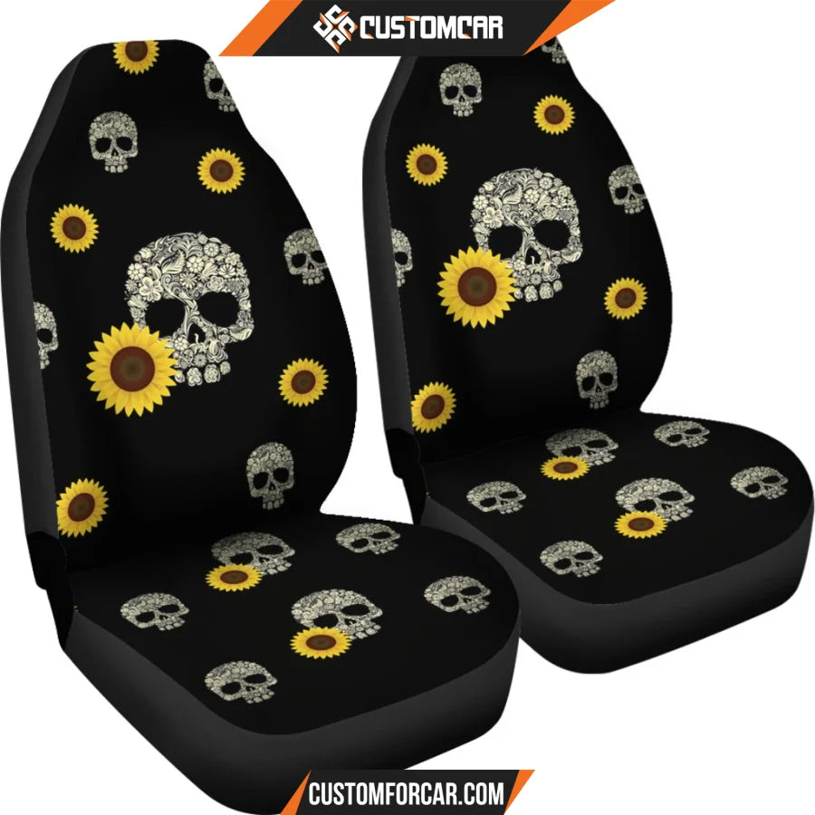 Horror Movie Car Seat Covers Floral Skull With Sunflower