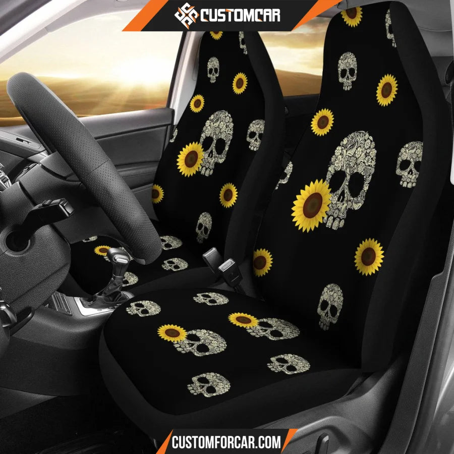 Horror Movie Car Seat Covers Floral Skull With Sunflower
