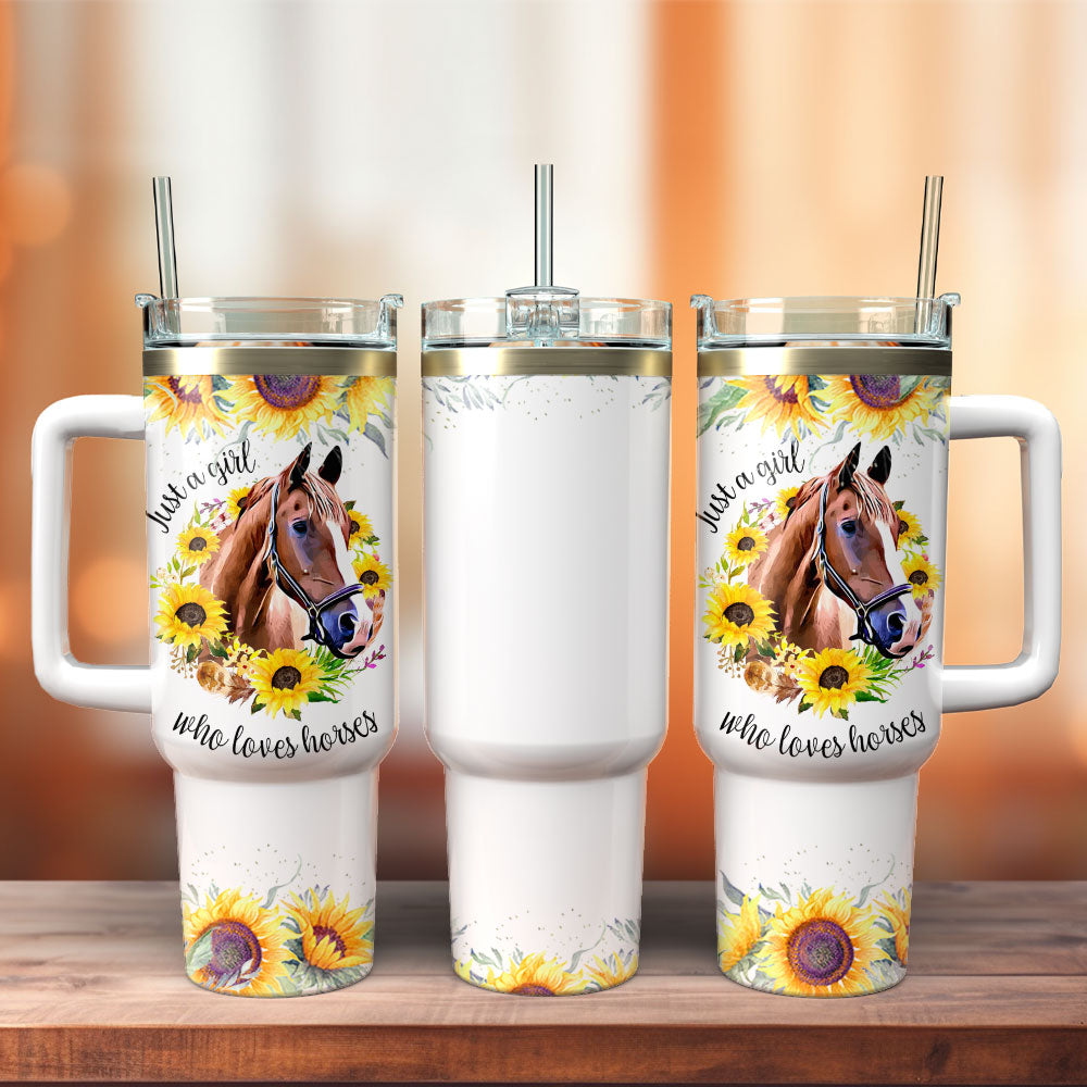 Horse Sunflowers Artwork Personalized 40oz Tumbler With Handle and Straw