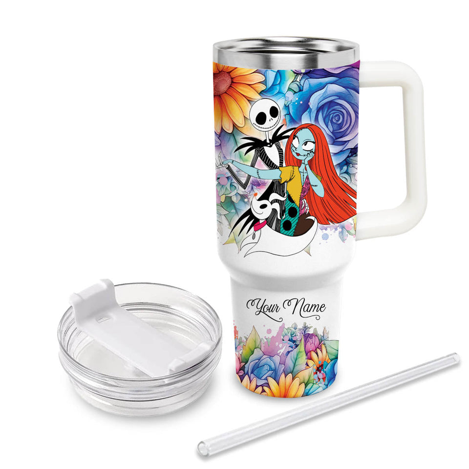 Jack and Sally The Nightmare Before Christmas Cartoon Personalized 40oz Tumbler With Handle and Straw