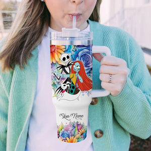 Jack and Sally The Nightmare Before Christmas Cartoon Personalized 40oz Tumbler With Handle and Straw