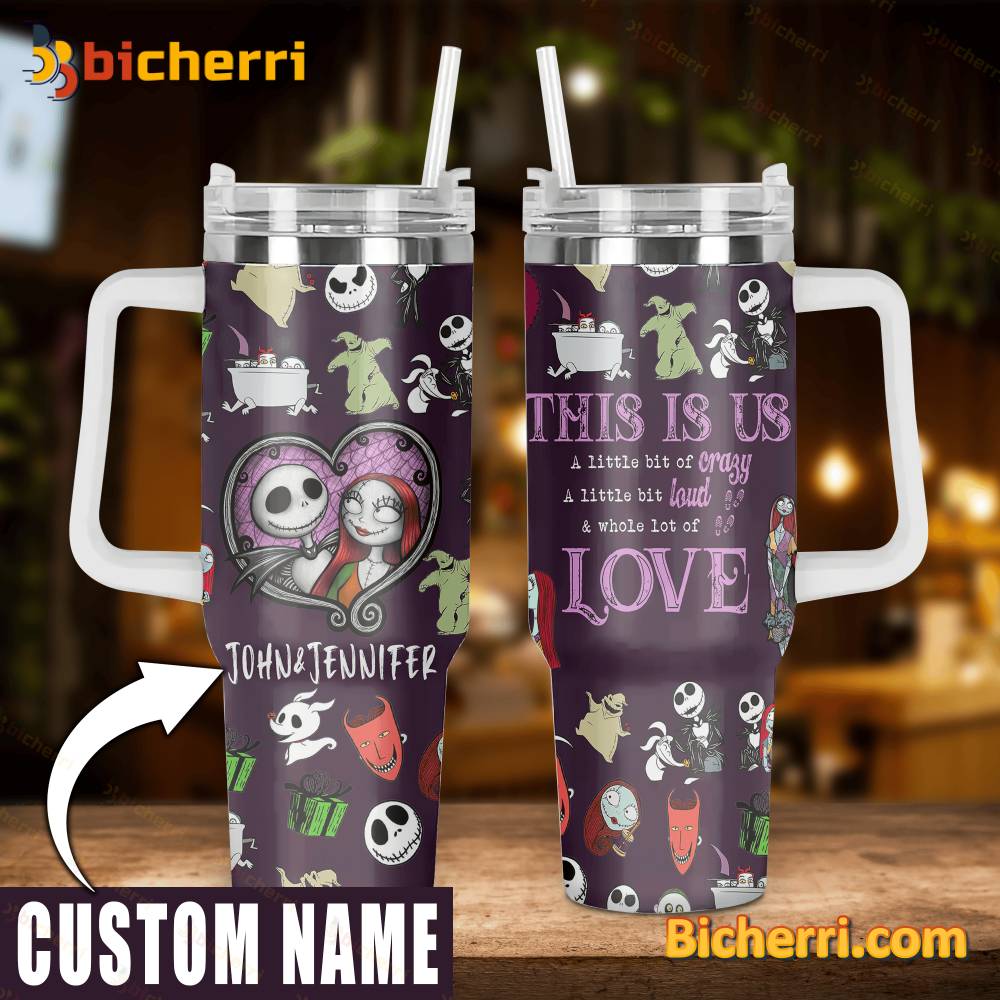 Jack And Sally The Nightmare Before Christmas Cartoon Personalized 40oz Tumbler With Handle and Straw