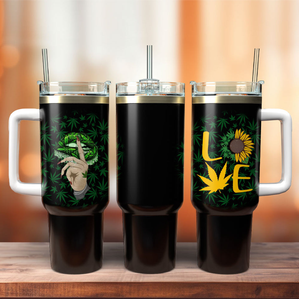 Love Sunflower Weed Pattern Artwork Personalized 40oz Tumbler With Handle and Straw