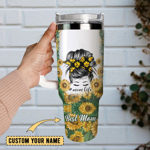 Mom Life Best Mom Ever Sunflower Artwork Personalized 40oz Tumbler With Handle and Straw