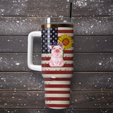 Patriotic Pig Sunflower American Flag Personalized 40oz Tumbler With Handle and Straw