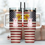 Patriotic Pig Sunflower American Flag Personalized 40oz Tumbler With Handle and Straw