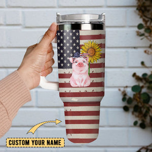 Patriotic Pig Sunflower American Flag Personalized 40oz Tumbler With Handle and Straw