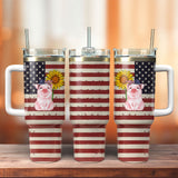 Patriotic Pig Sunflower American Flag Personalized 40oz Tumbler With Handle and Straw