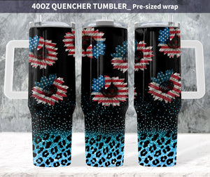 Patriotic Sunflowers Glitter Leopard Print Personalized 40oz Tumbler With Handle and Straw