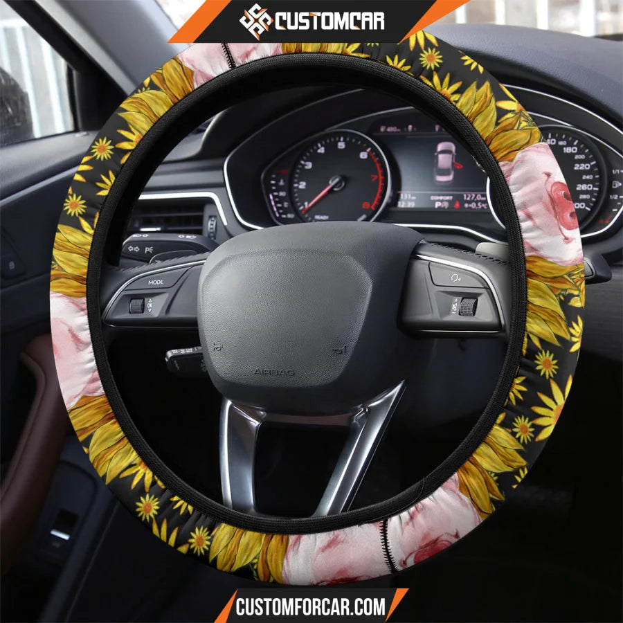 Pig With Sunflower Steering Wheel Cover Animal Car