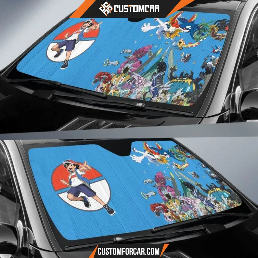 Pokemon Anime Car Sunshade | Satoshi And Flying Pokemon Blue