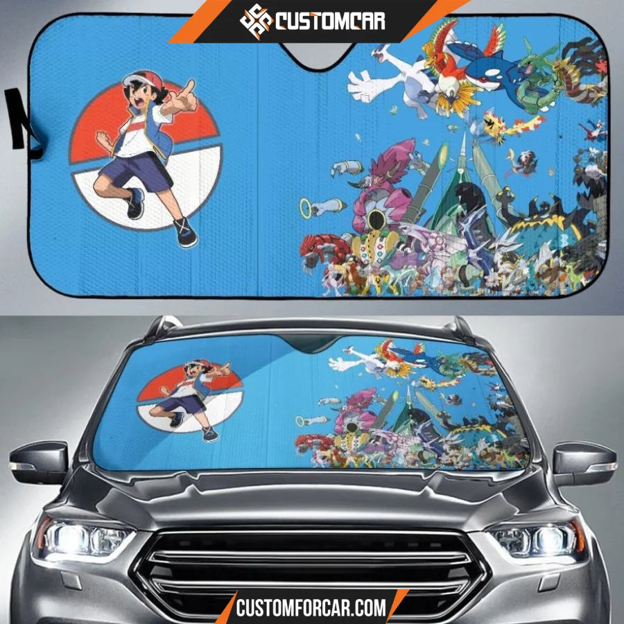 Pokemon Anime Car Sunshade | Satoshi And Flying Pokemon Blue