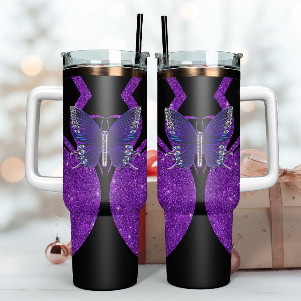 Purple Butterfly Artwork Personalized 40oz Tumbler With Handle and Straw