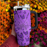 Purple Glitter Butterfly Couple Personalized 40oz Tumbler With Handle and Straw