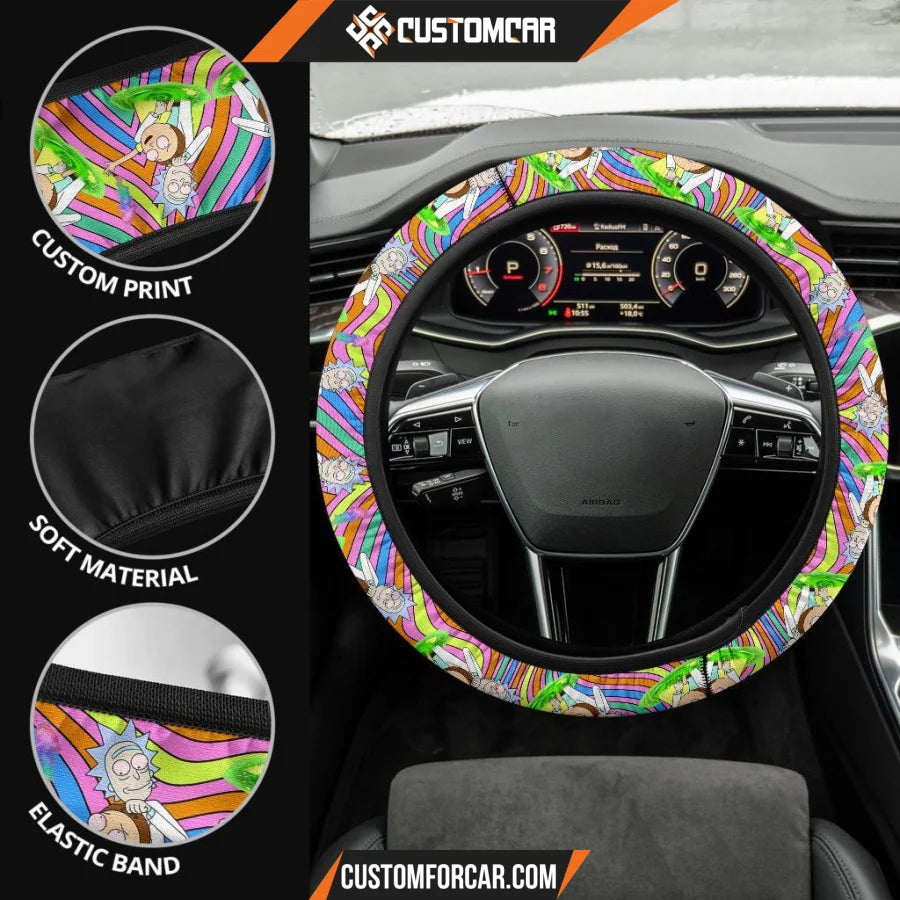 Rick And Morty Steering Wheel Cover Rick & Morty Smoke Weed Trippy Mode Steering Wheel Cover D31303 DECORINCAR 4