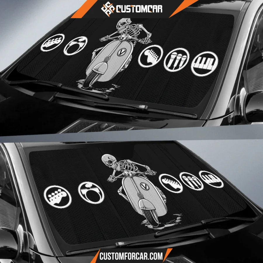 Skeleton Driving Vespa Rock Symbol Patterns Funny Rock N Roll Car Sun Shade R042610 DECORINCAR 2