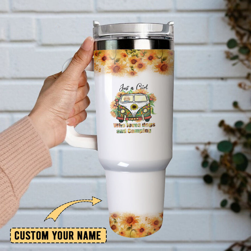 Sunflower Girl Dog Camping Hippie Personalized 40oz Tumbler With Handle and Straw