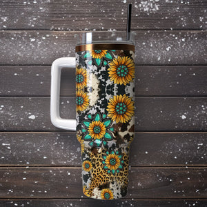 Sunflowers On Animal Prints Artwork Personalized 40oz Tumbler With Handle and Straw