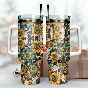 Sunflowers On Animal Prints Artwork Personalized 40oz Tumbler With Handle and Straw