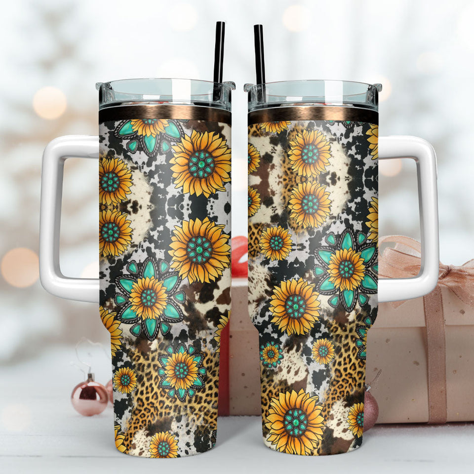 Sunflowers On Animal Prints Artwork Personalized 40oz Tumbler With Handle and Straw