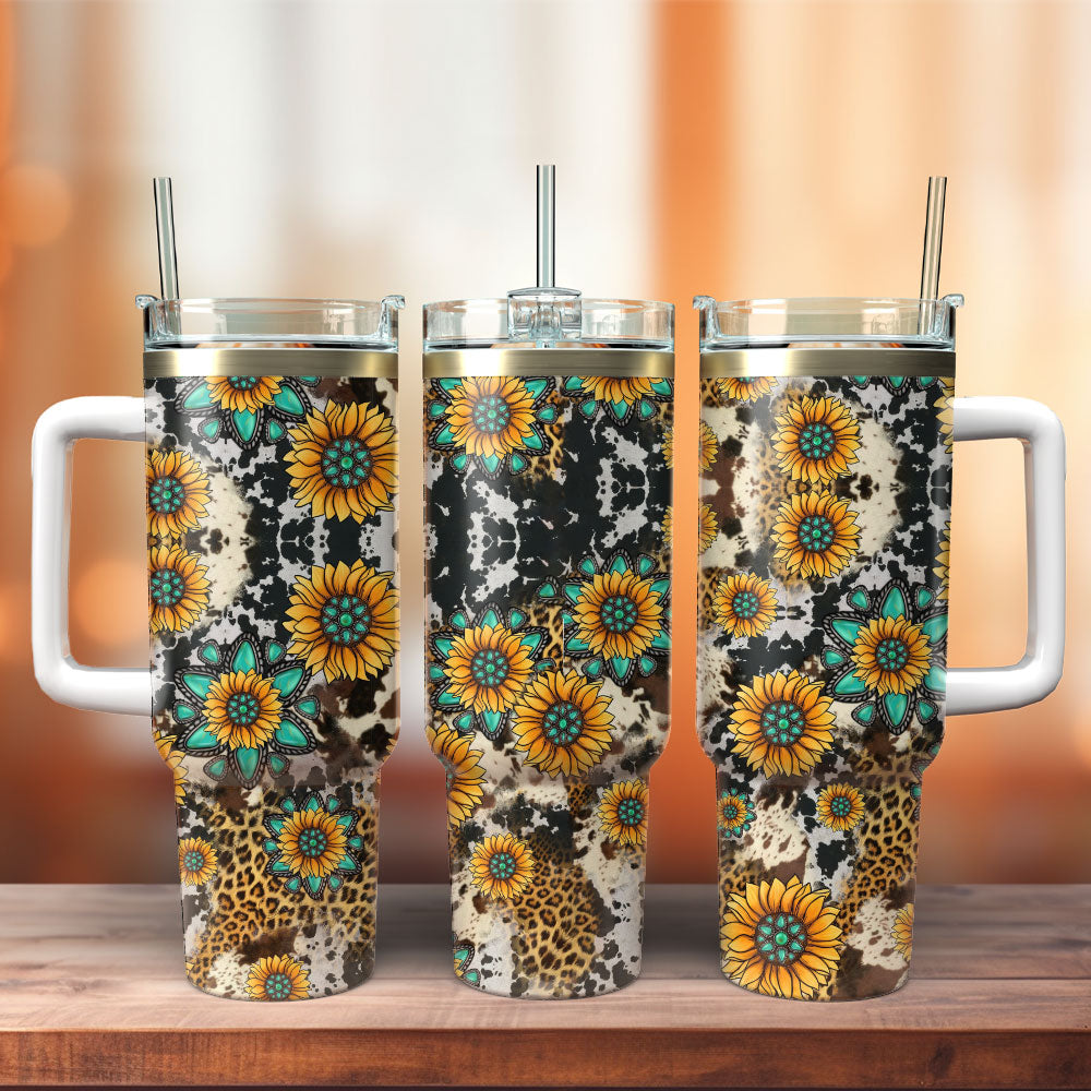 Sunflowers On Animal Prints Artwork Personalized 40oz Tumbler With Handle and Straw