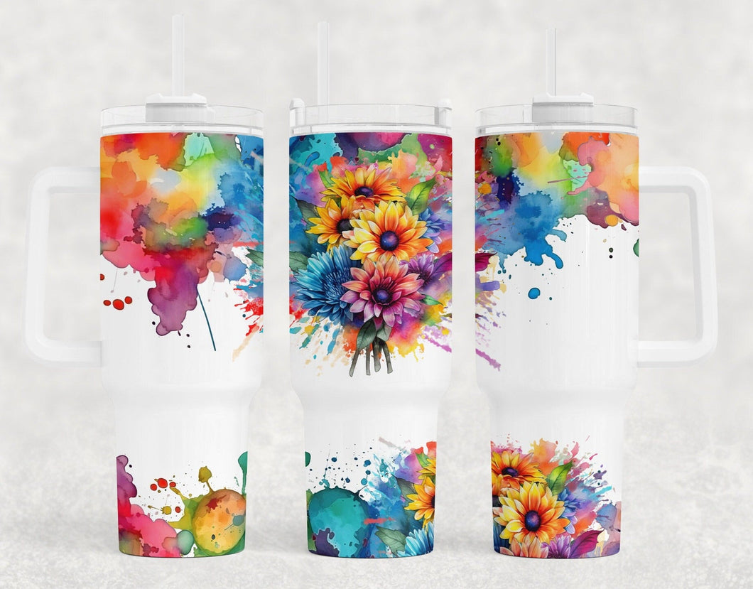 Watercolor Sunflowers Personalized 40oz Tumbler With Handle and Straw